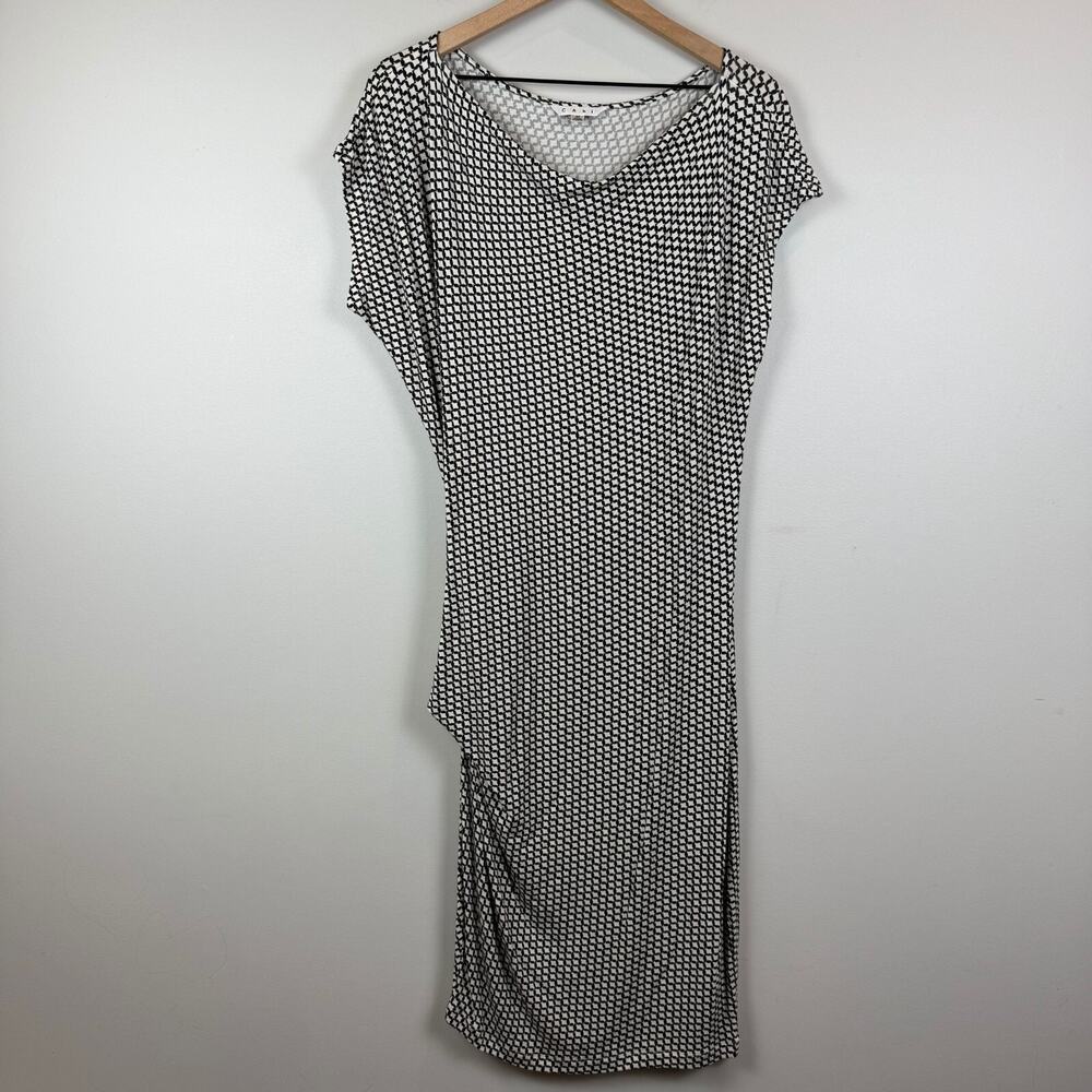 Cabi Monroe Dress Womens M Black White Geometric Stretch Bodycon Faux Wrap 614